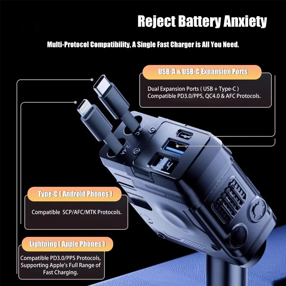 New Retractable 120 Watt Car Charger 4-Port Ultra Fast Charger, Type-c and Lightning Fast Charging for 99% of Charging Devices