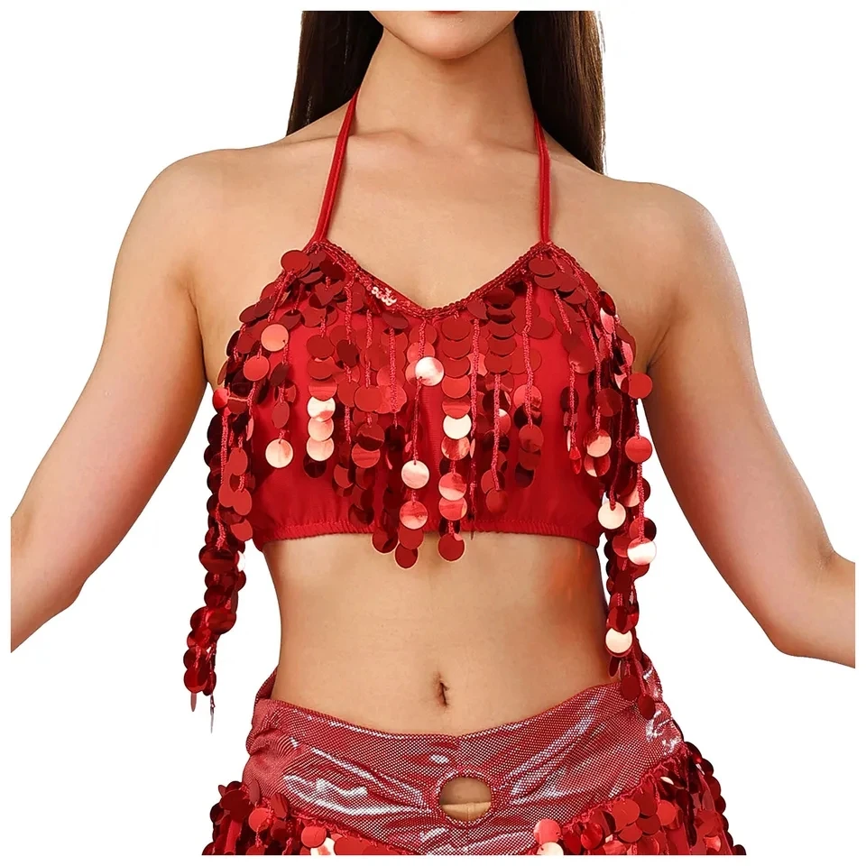 

Women's Belly Dance Costume Sequin Tassel Halter Bra Top Stage Performance Outfits Club Party Rave Festival Sexy Crop Tops
