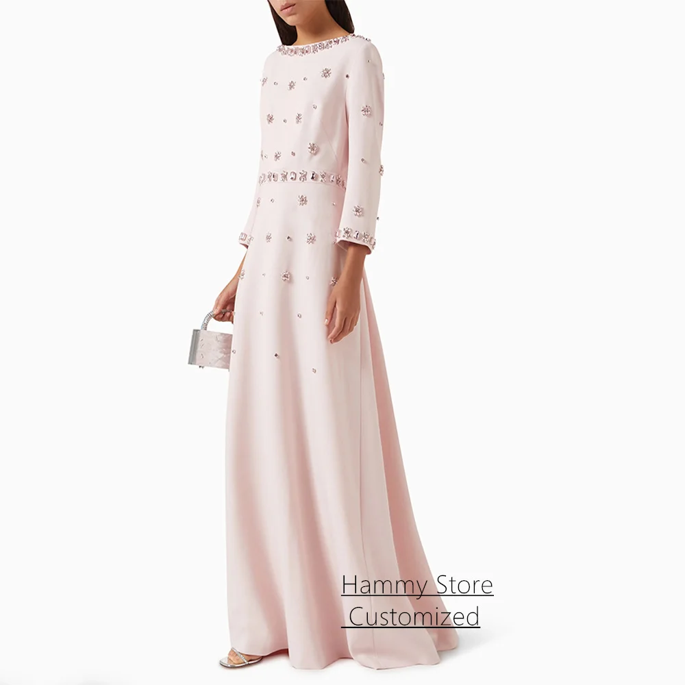 

Customized Prom Dress 3/4 Sleeves Scoop Neck Crystal Stone Floor Length A Line Arabian Party Dresses Evening Gowns