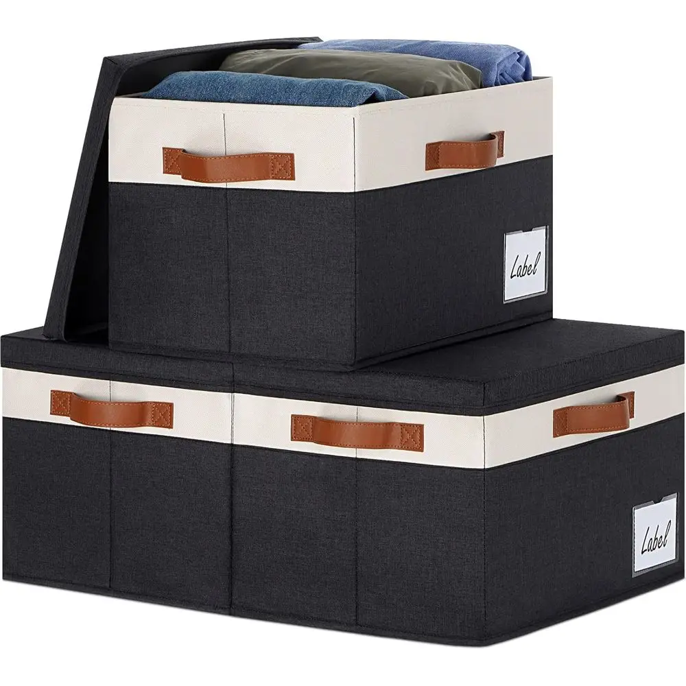 

Large Storage Bins with Lids (3 Pack), Storage Baskets with Lid and Label Window, Foldable Fabric Storage Boxes with 3 Handles f
