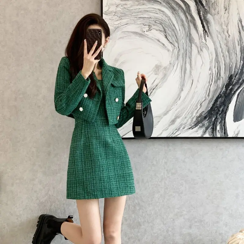 Insozkdg Fall Retro Tweed Suit Women Green Tweed Dress Elegant Double Breasted Tweed Jacket + Slim Fit Sling Plaid Dress 2023