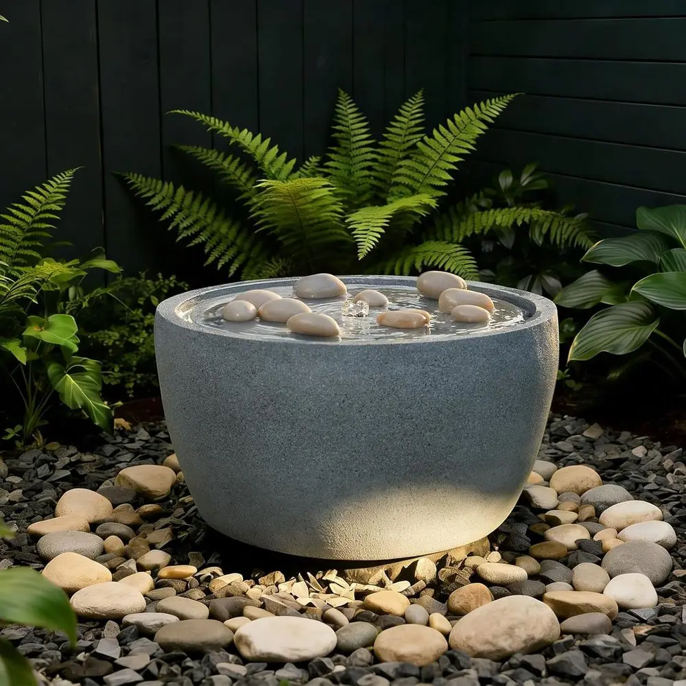 17.7 Garden Water Fountain Outdoor Bubbler, Resin Water Feature with 6 LED Lights & 5W Pump, Concrete-Effect Indoor Outdoor Foun