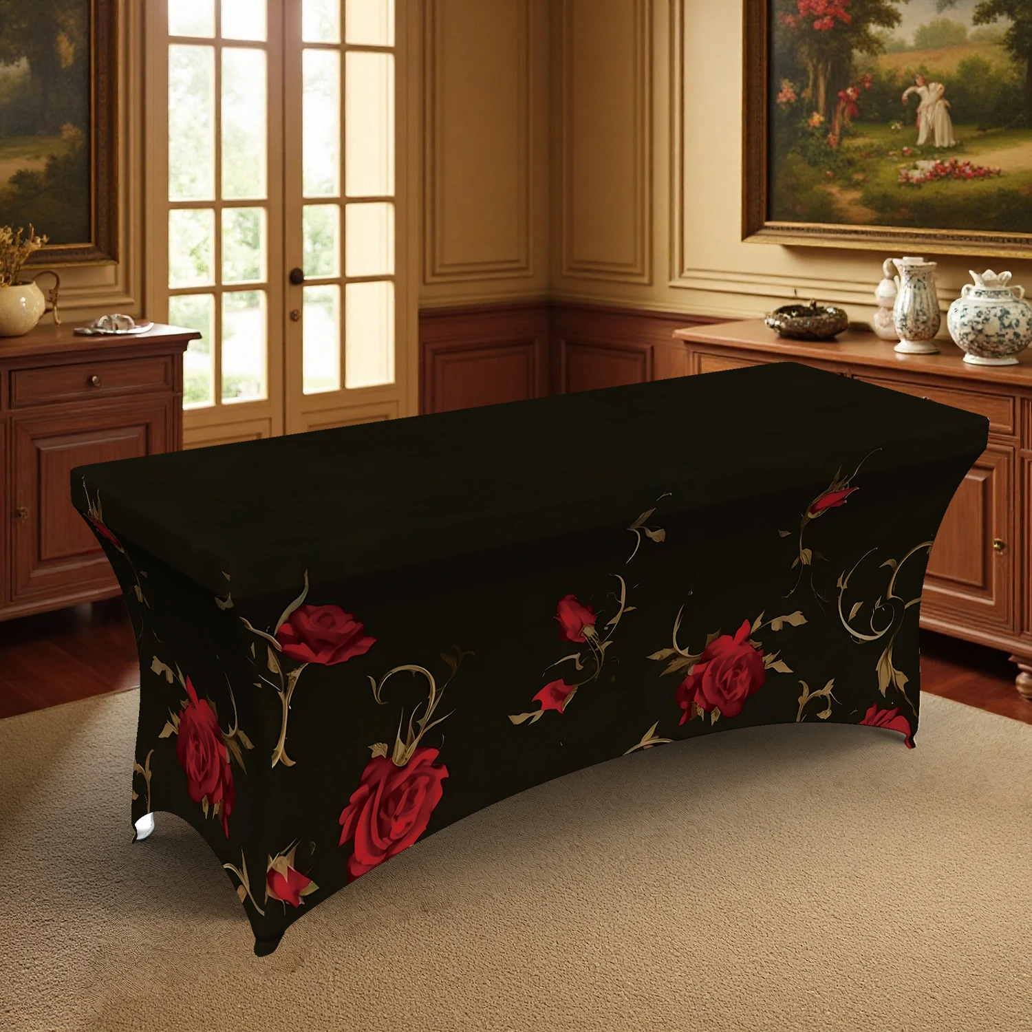 1PC Summer Outdoor Elastic Tablecloth, Black Base with Red Rose Floral Print, 4/6/8FT Rectangular Stretchable
