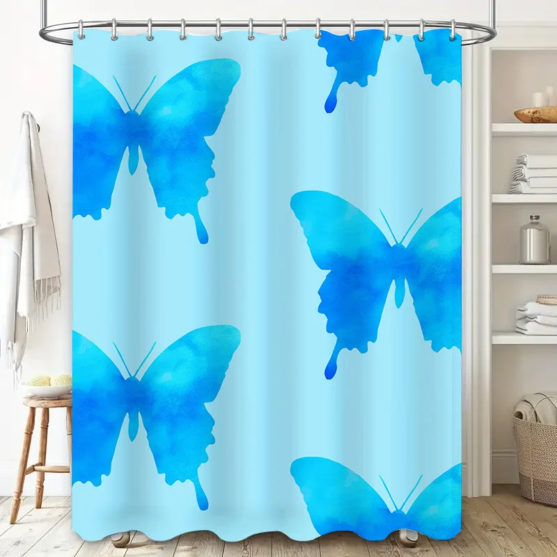 Blue Butterfly Watercolor Shower Curtain Waterproof Bath Rug Decoration for Bathroom Home Decor 20x72（51*183cm）