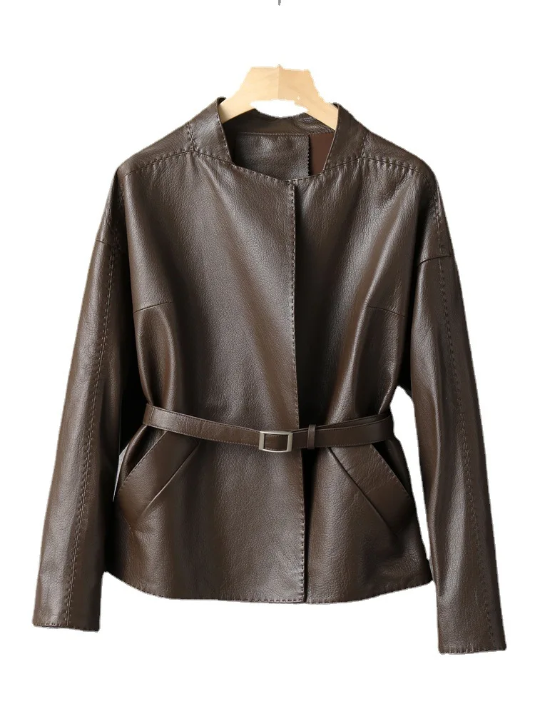 Blouson en cuir véritable femme, court, col rond, sans col