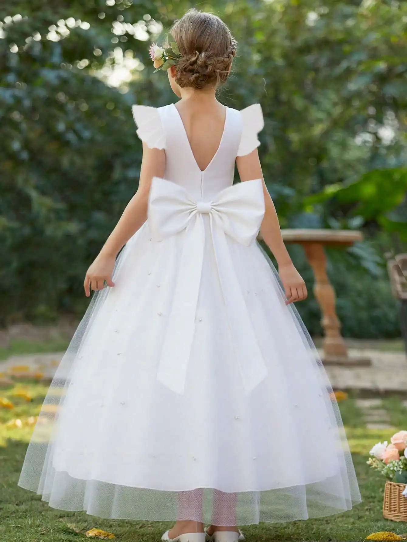 Summer Girl Flower Birthday Tulle Dress Backless Bow Wedding Gown Piano Kids Party Wear Princess Dress Baby Girl Bowknot Dresses