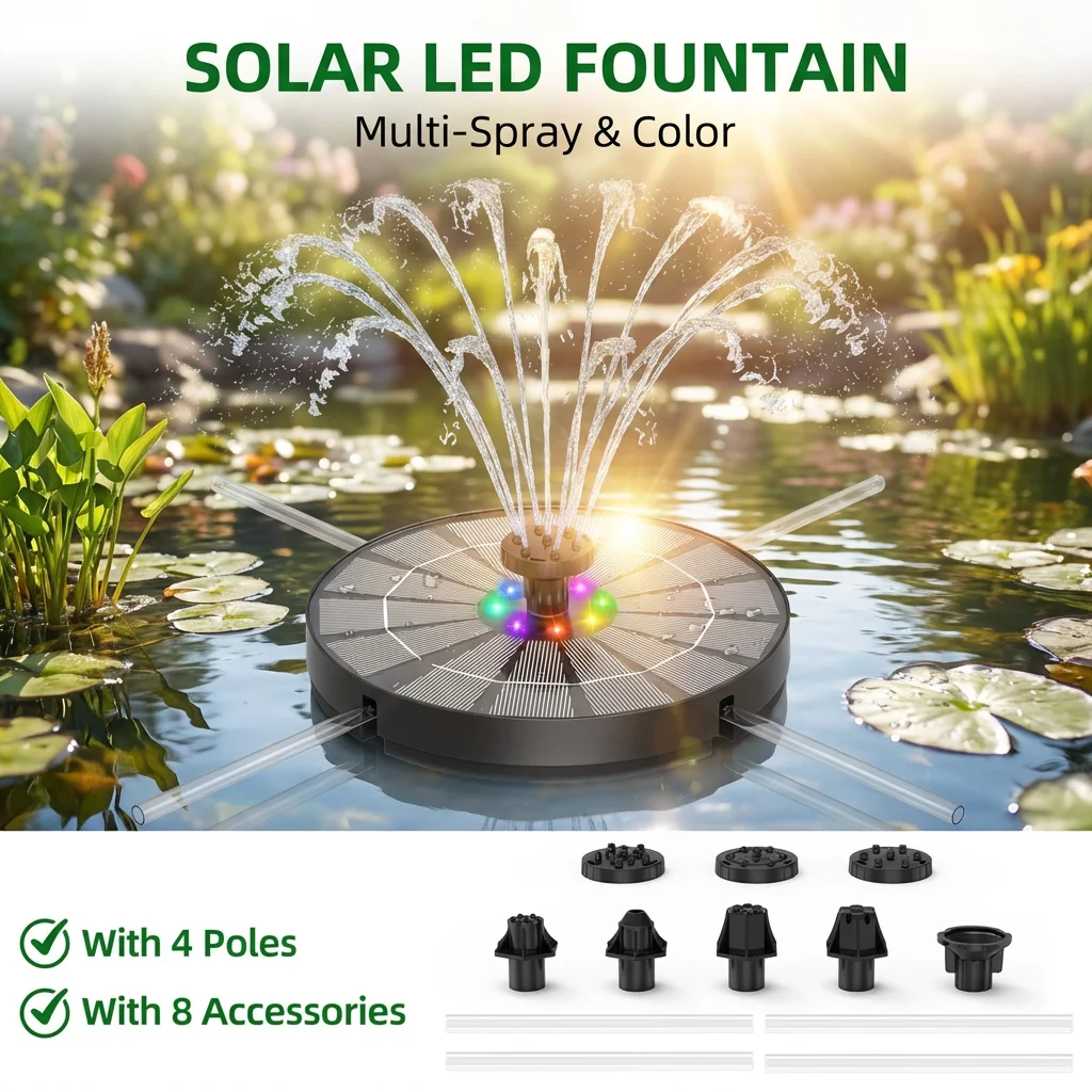 

Солнечный фонтан для птиц 3,5 Вт с LED-подсветкой, насосом, аккумулятором 1200 мАч, 8 насадками и 4 защитными барьерами, для самостоятельной сборки (DIY) для купальни для птиц, сада, аквариума и т.д.