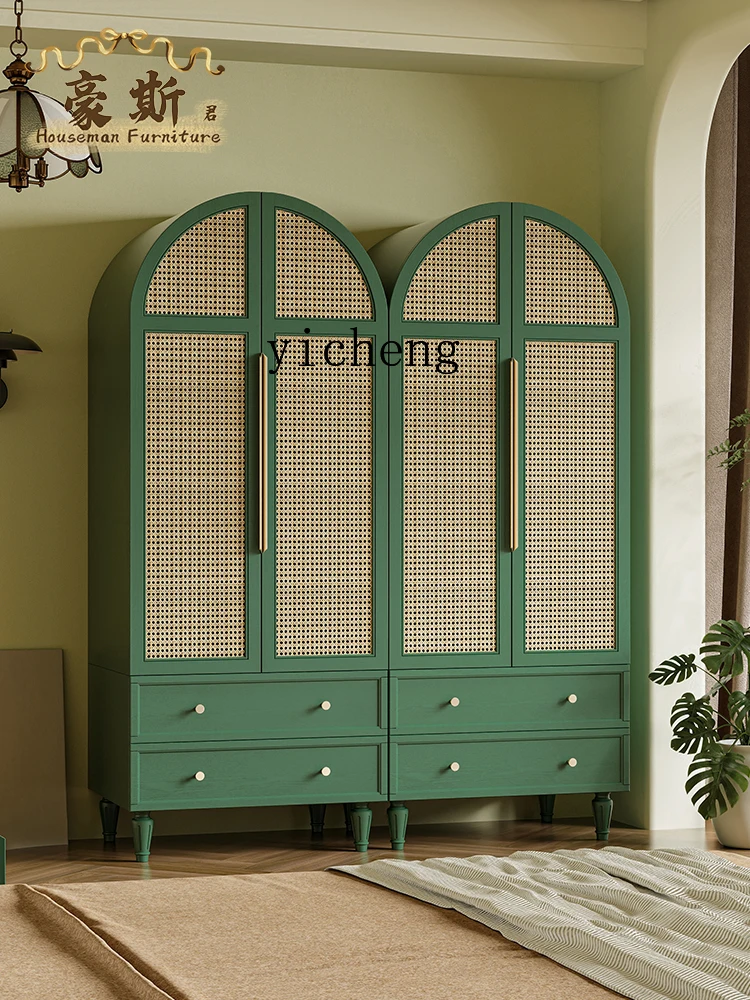 Zc Vintage Green Rattan Wardrobe Bedroom Arch Cabinet Double Door Hanging Wardrobe