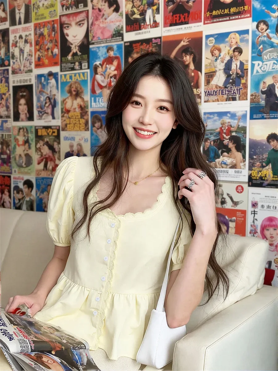 

Elegant Shirts Women Summer Short Sleeve Blouse with Lace Trim Puff Sleeves and Ruffle Design for Office Daily Chic Fashion
