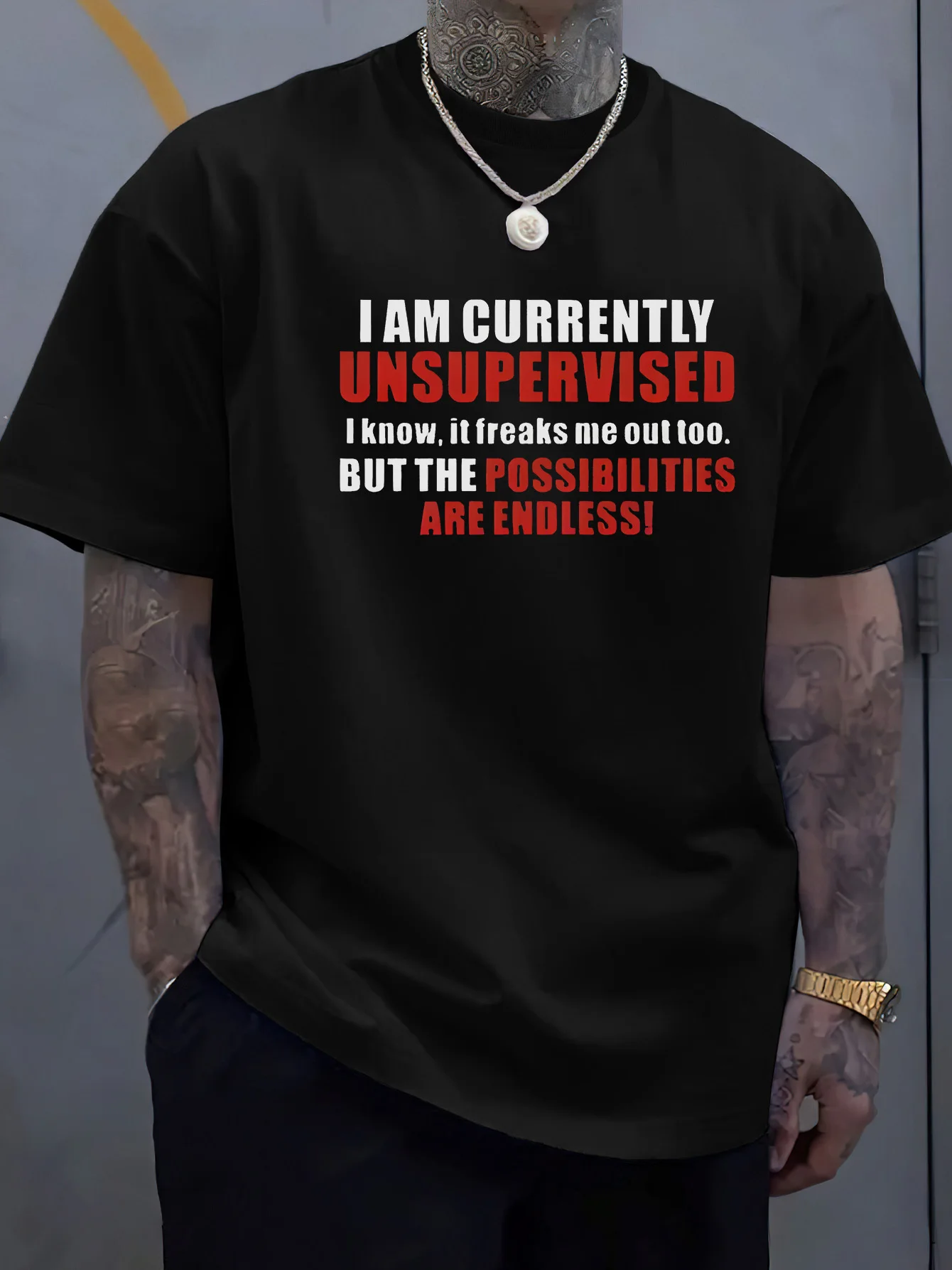 Funny Men's Black Graphic T-Shirt Unsupervised Possibilities Are Endless Bold Letter Print Humorous Saying Quote Design 100% Cotton Heavyweight Short Sleeve Casual Streetwear Tee