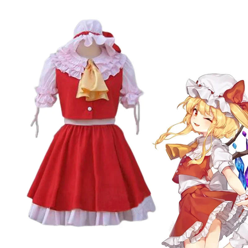 Anime jogo touhou projeto flandre scarlet cosplay traje peruca vermelho princesa saia lolita mulher sexy kawaii festa de aniversário terno xc