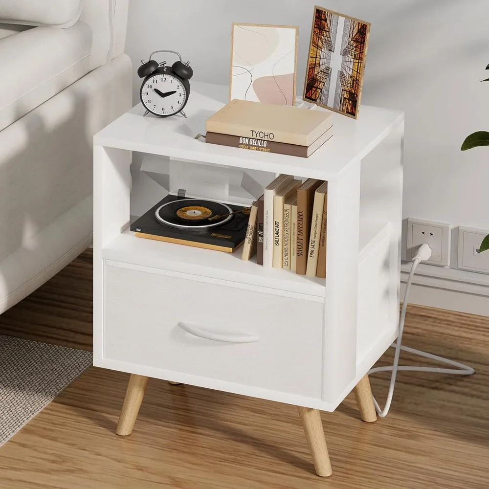 

Night Stand with Charging Station, White Kids Nightstand with Drawer, 3-Tier Nursery Bedside Table with USB Ports and Outlets, E