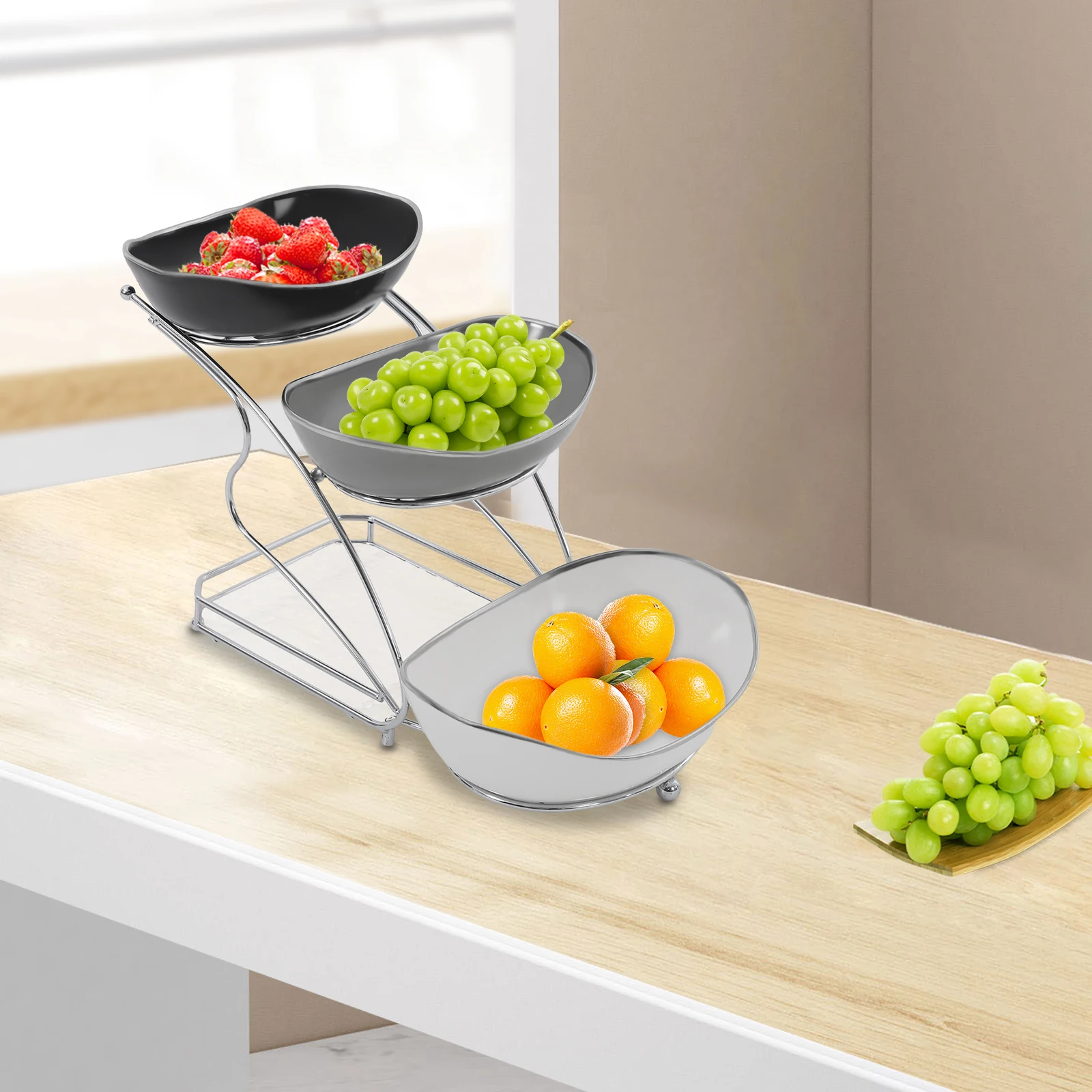 Fruit Serving Bowl Holder for Kitchen 3-Tier Iron Fruit Serving Bowls with Stand,