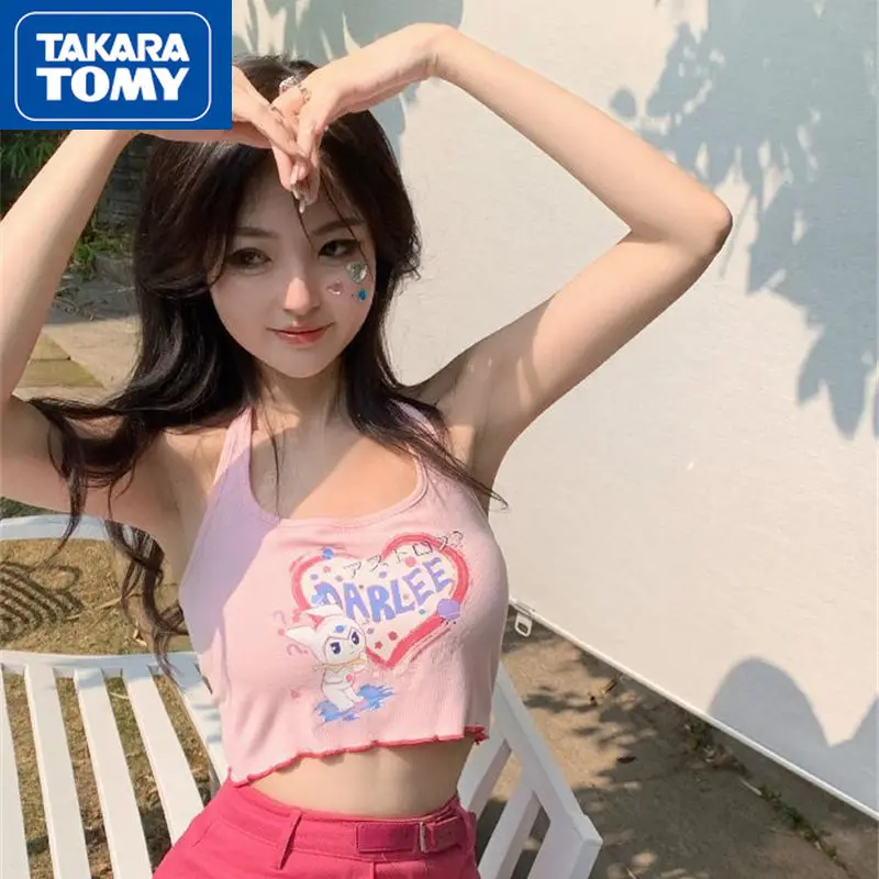 

TAKARA TOMY's New Hello Kitty Summer Girls Wear Halter Neck Love Print Vest Students Simple and Cute Short Curly Suspender Top