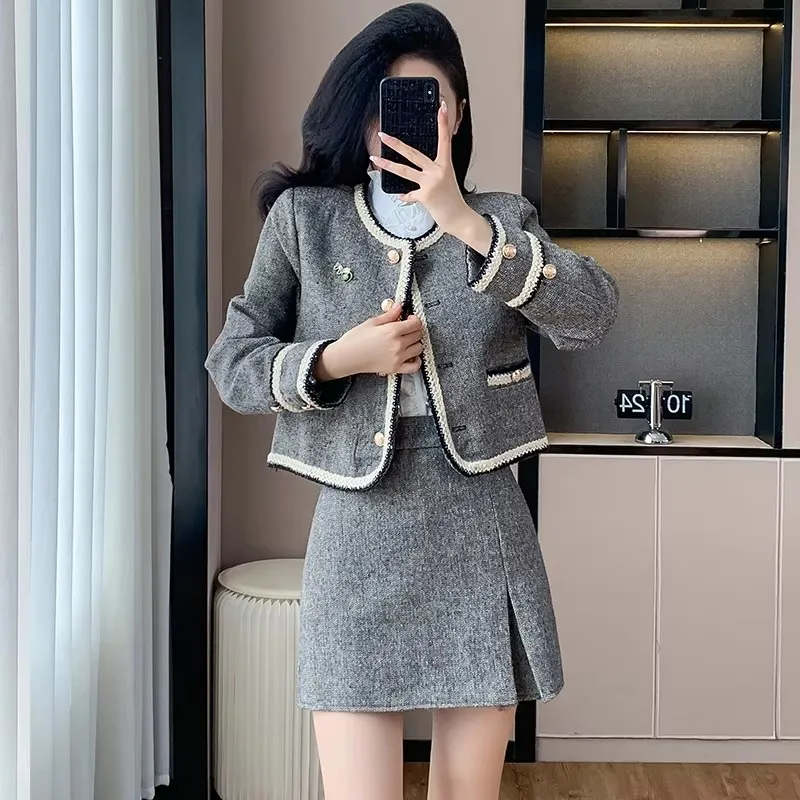 Spring Autumn Long Sleeves Jacket + Mini Skirt Two Piece Set Women Refined Classic Style Skirt Suits Female Office Lady Clothing