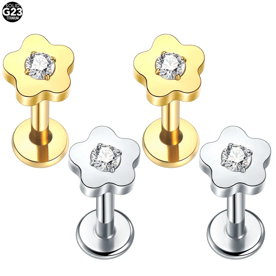 1Pc G23 Titanium Flower Ear Tragus Piercing Earring Flat Internal Thread Cartilage Piercing Lip Stud Helix Piercing Jewelry 16G