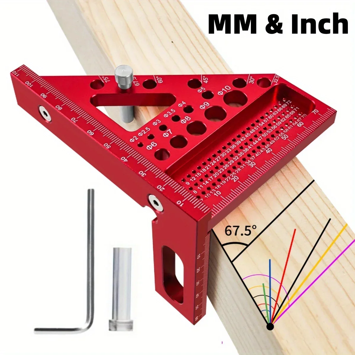 3D Multi-Angle Metric/Inch Measuring Ruler, 45/90 Degree Aluminum Alloy Square Protractor, High Precision Layout Measuring Tool