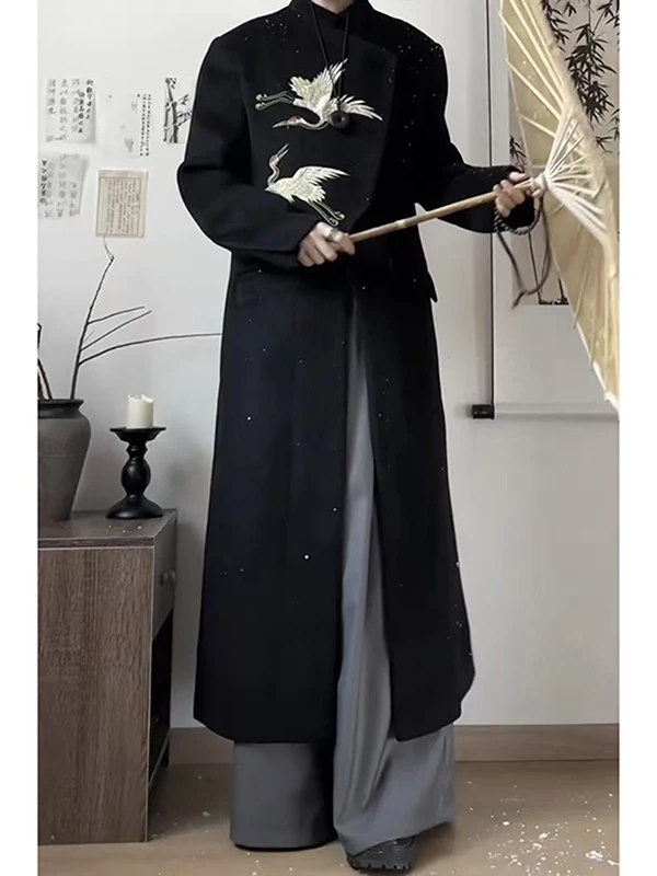 

New Chinese Sle Men's Woolen Coat with Embroidered Crane Design Stand Collar Windbreaker Hanfu Outerwear Mid-Length Autumn ...