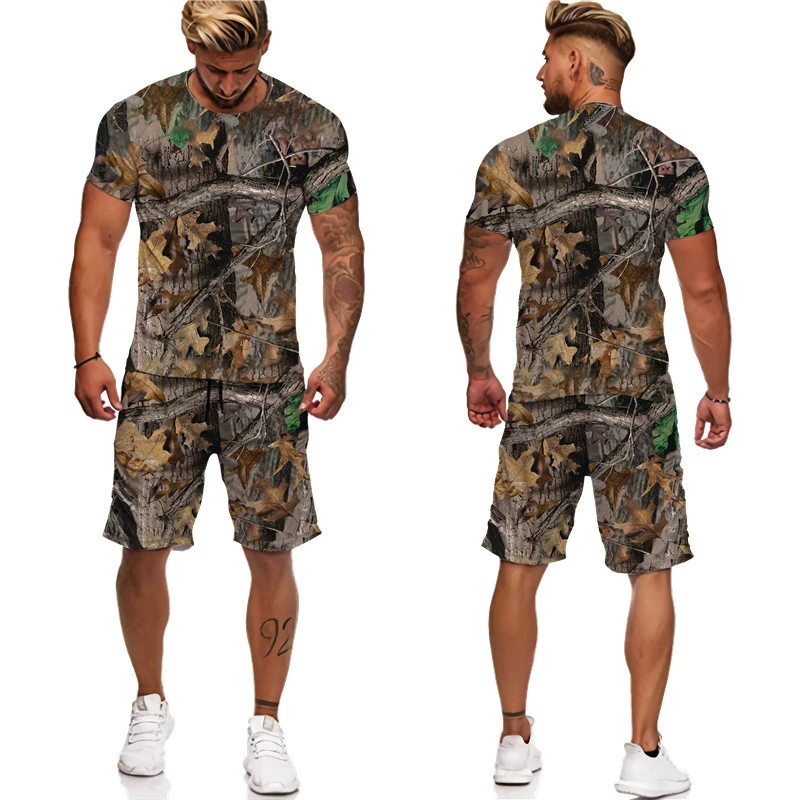 

Мужская футболка/шорты/костюмы с 3D принтом и камуфляжным кленовым листьем, повседневная спортивная одежда унисекс с короткими рукавами для охоты, лето