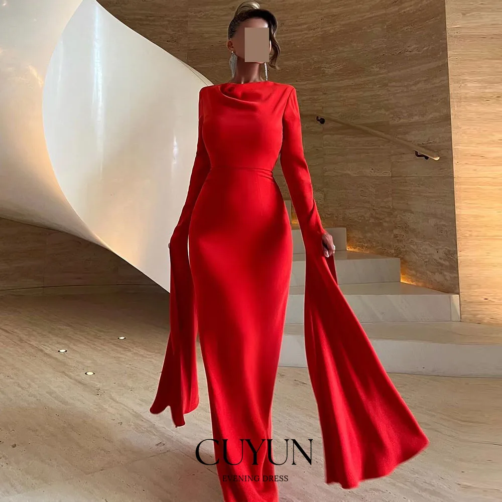 

CUYUN Red Elegant Women Party Dresses Long Sleeves Floor-Length Prom Party Gown Customized Wedding Guest Evening Dresses 2025