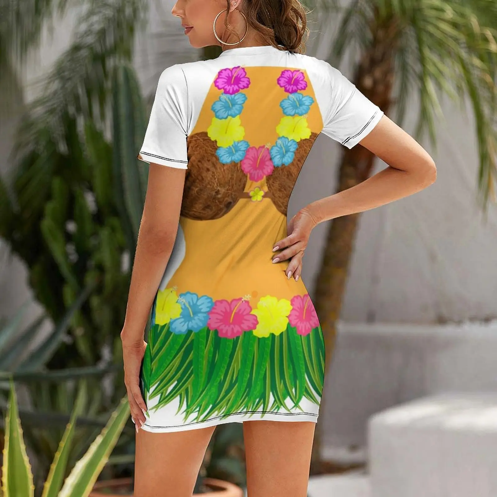 Camisa de dançarina Hula de corpo inteiro com Lei flores saia de grama sutiã de coco vestido de manga curta vestido de verão para mulheres vestido 2025