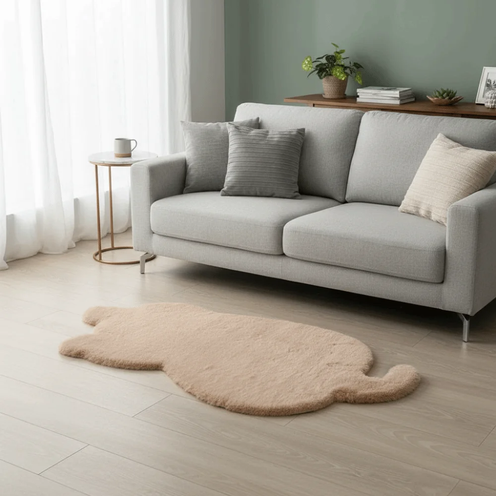 

Bedside Mat Cartoon Faux Rabbit Fur Rug Solid Color Decorative Cat Shape Rug Soft Anti-slip Mat Living Room