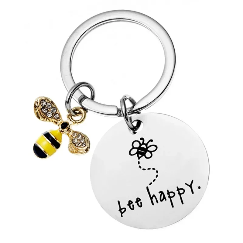 Cute Cartoon Bee Keychains Funny "bee happy" English Word High Quality Stainless Steel Key Chain Small Gift