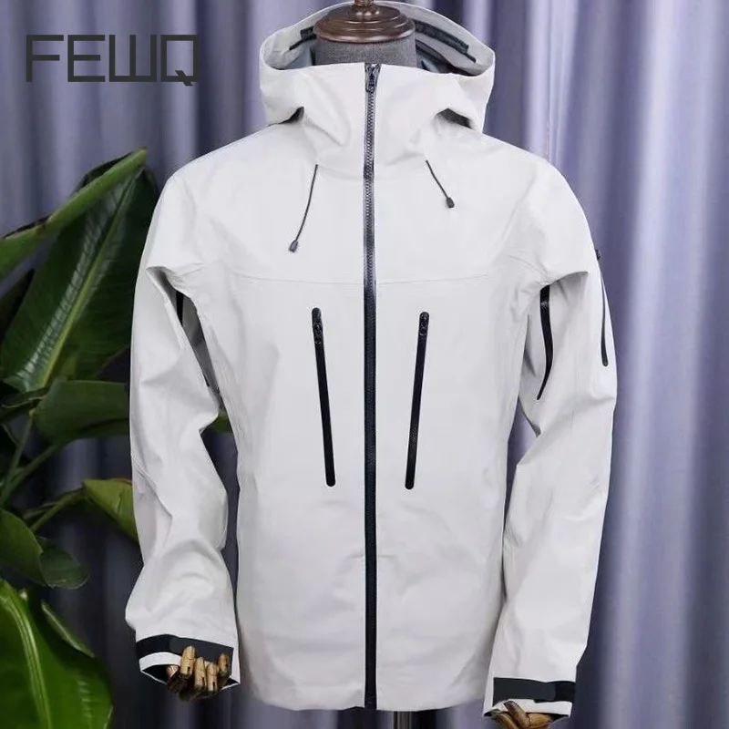 FEWQ men's hard shell windproof waterproof outdoor jacket 2024 solid color long sleeve zipper with hat male tops