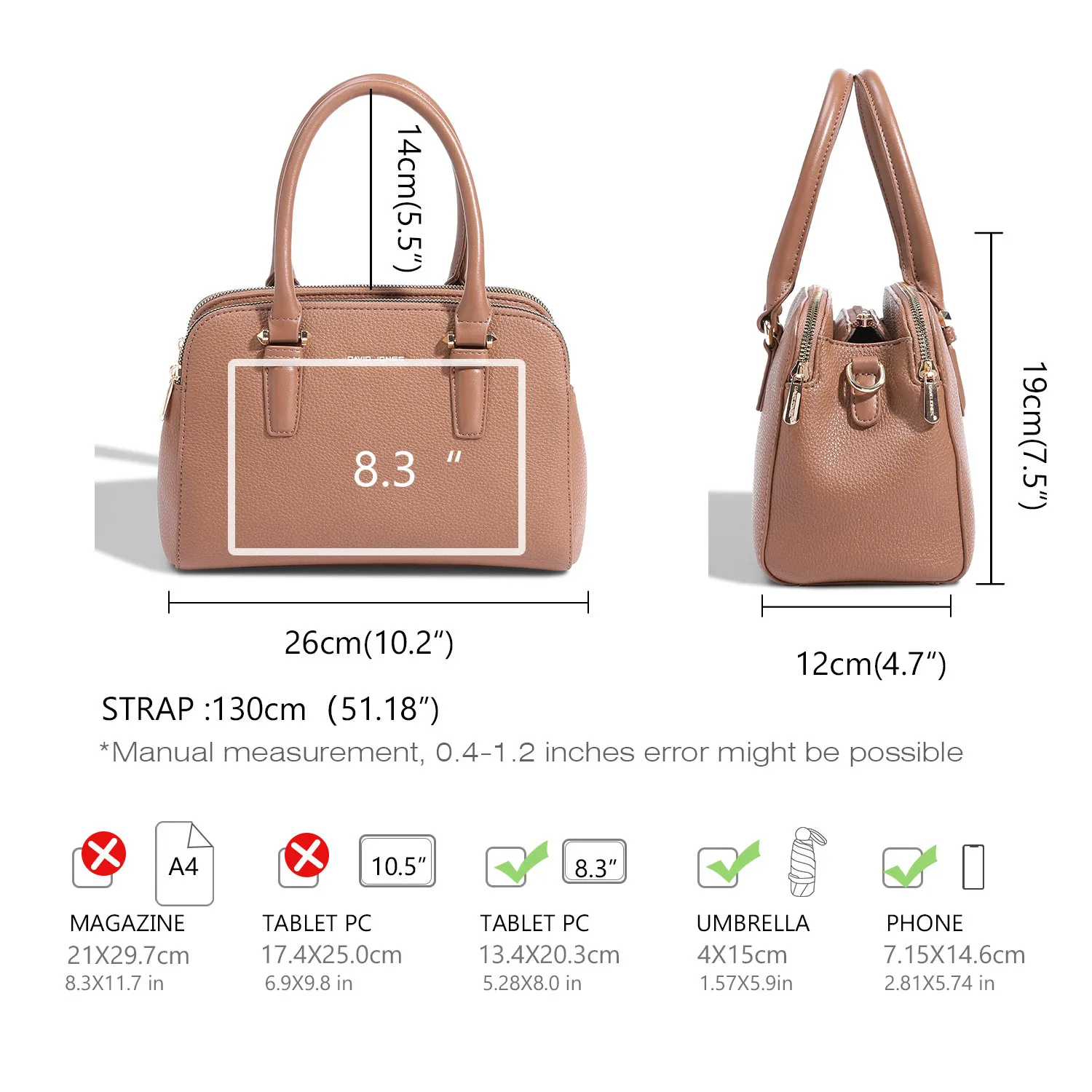 New David Jones Women Top-Handle Bag Student School Bookbag PU Leather Female Crossbody Bag Large Capacity Lady Shoulder Bag