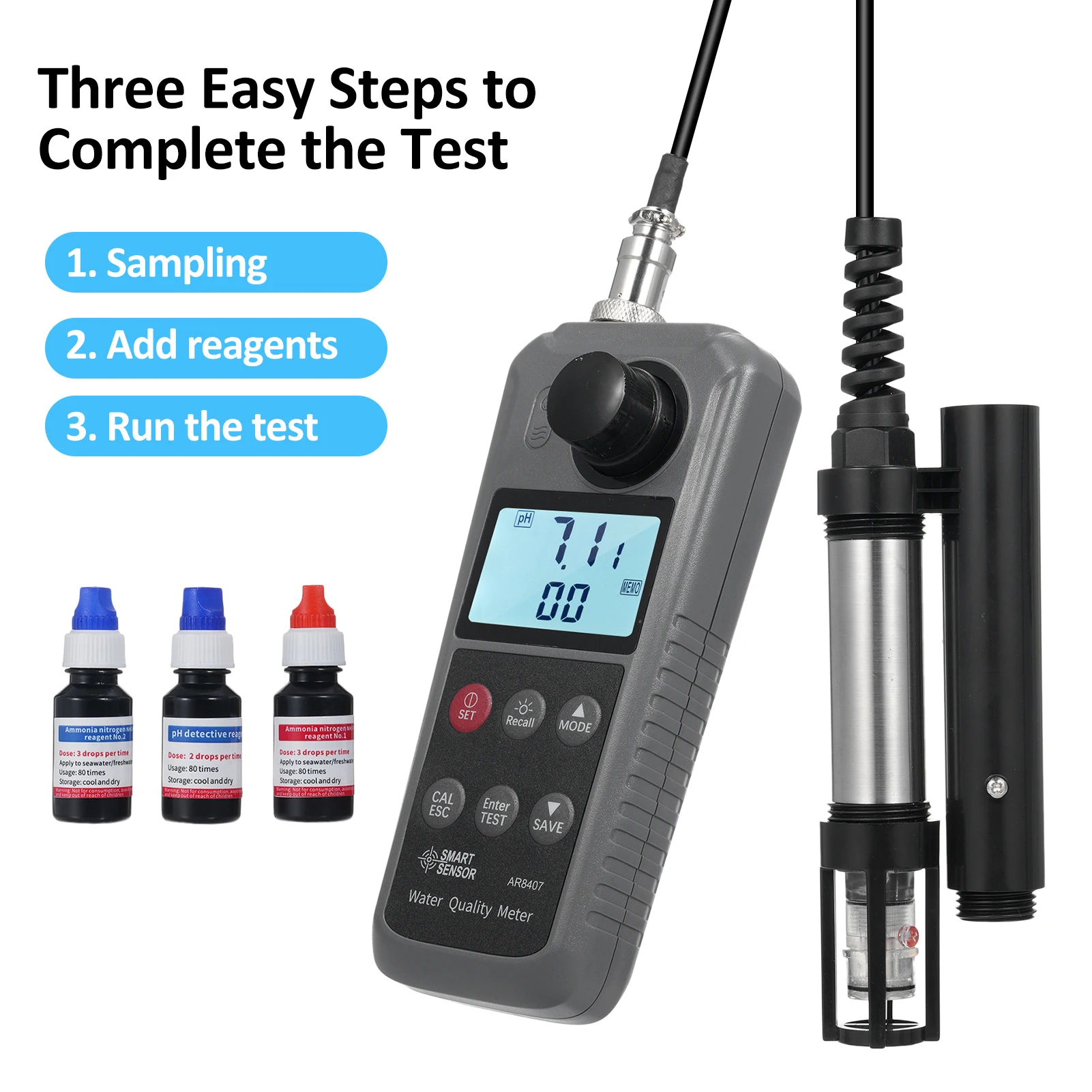 SMART SENSOR 6-in-1 Dissolved Oxygen Tester Water Quality Detector pH Value Temperature Ammonia Nitrogen Oxygen Meter DO Probe