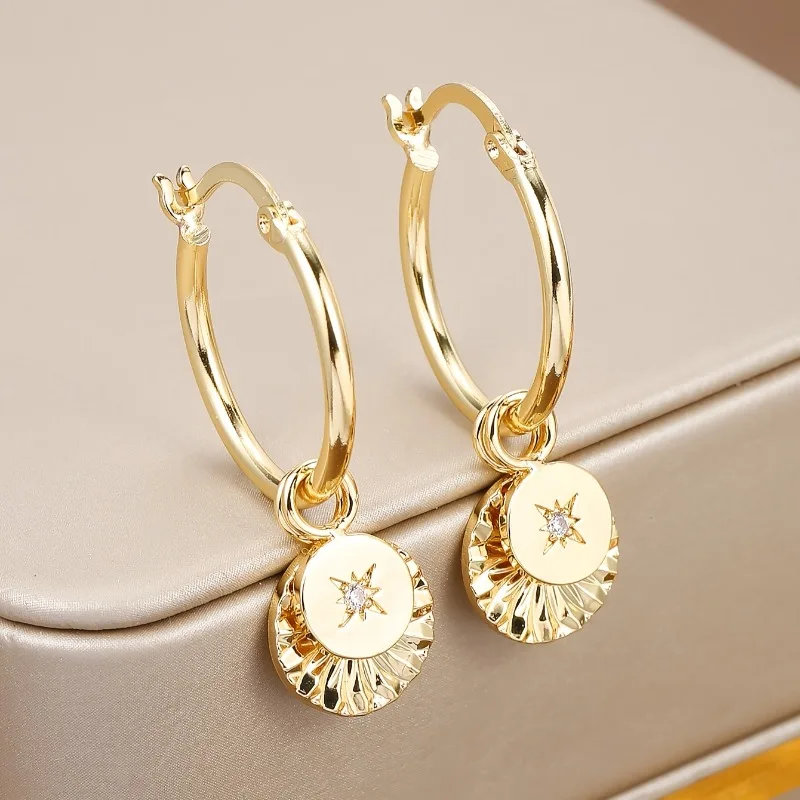 Bohemian Earrings Gold Double Disc Pendant Inlaid with Mini North Star Pattern Texture Earrings Suitable Women's Daily Gathering