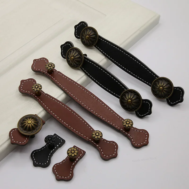 96mm 128mm Leather Retro Drawer Handle Cabinet Pulls Furniture Hardware Handles Wardrobe Door Knocker Kitchen Door and Knobs