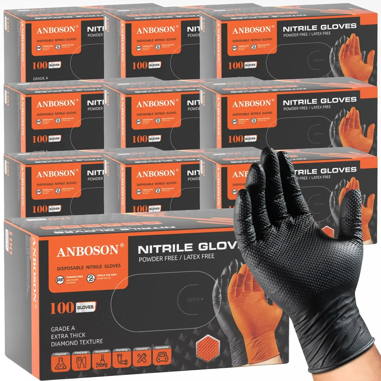 10 Mil Heavy Duty Mechanic Nitrile Gloves, Black Large 1000 Count | Diamond Grip, Latex Free Disposable Chemical Resistant Rubbe