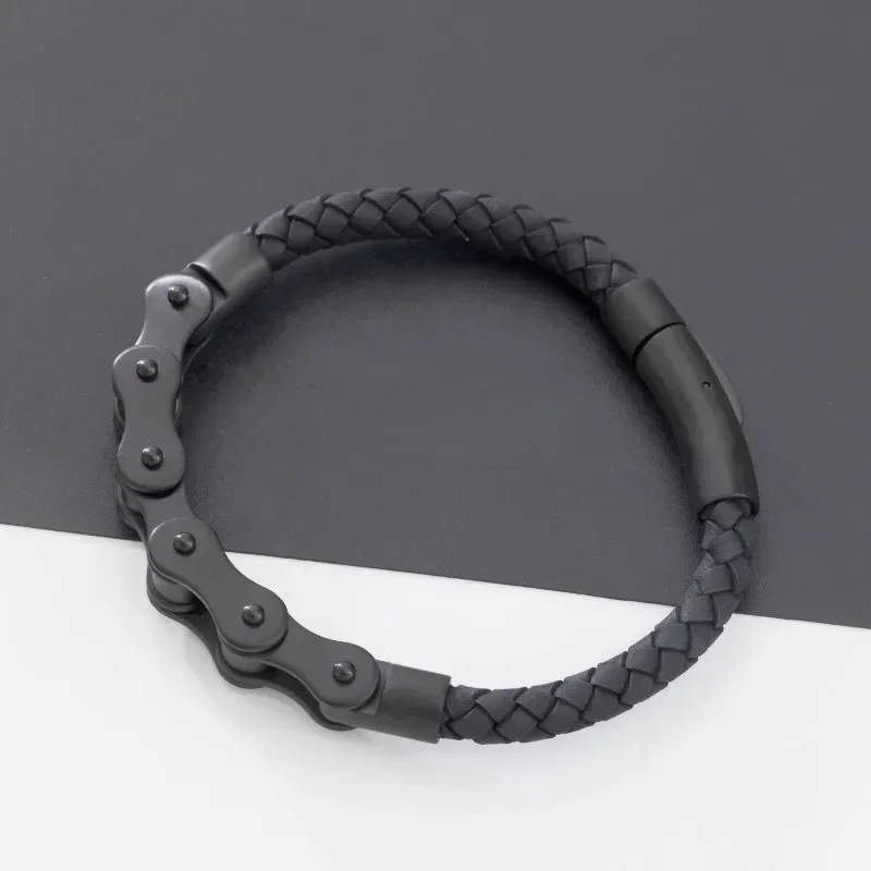 Retro Punk Bike Chain Hand Woven Leather Bracelet with Metal Buckle for Men Motorcyclist Rock Party Jewelry Gift