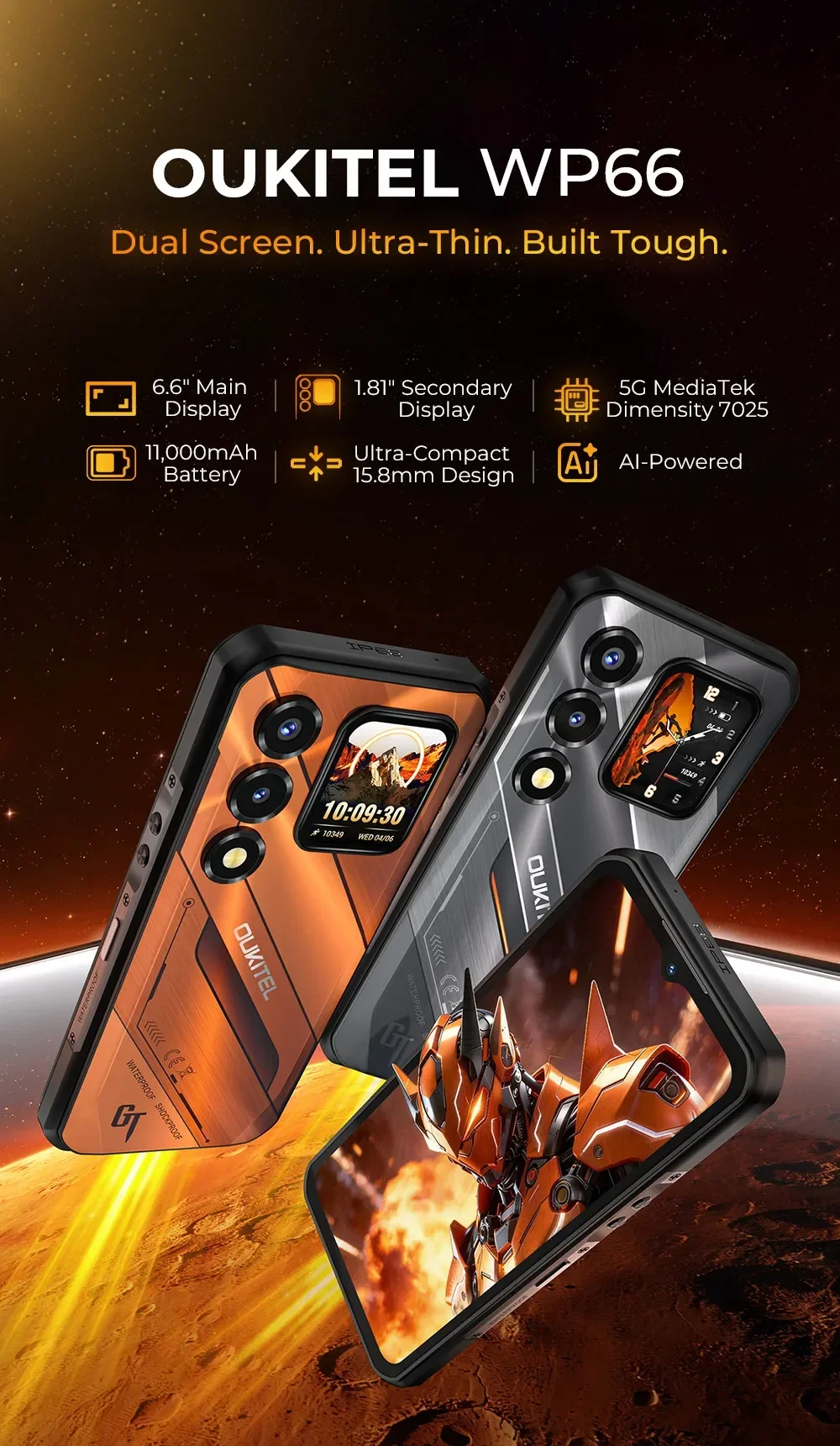 [Shipping From Poland] Oukitel WP66 Ultra-slim Rugged Smartphone, 36GB(12+24) RAM+512GB ROM, Dual Screen with Auxiliary Secondary Display, Dimensity 7000 5G Chipset, 6.6" FHD+ 120Hz Screen, 11000mAh Big Battery, 100MP Main Camera, 33W Fast Charging