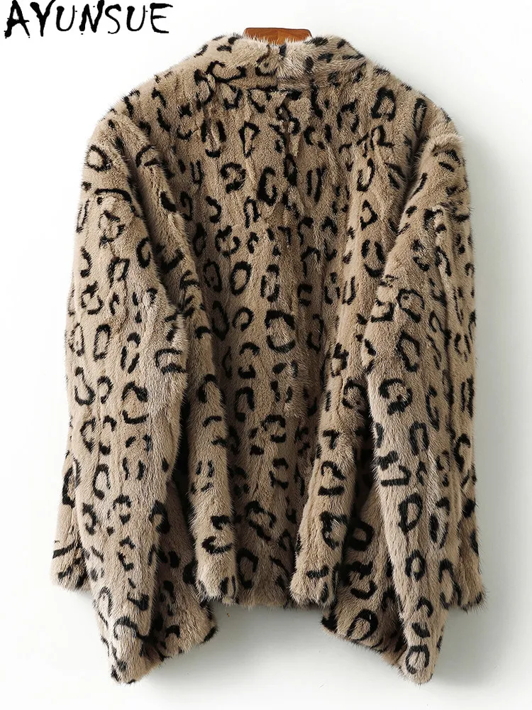 AYUNSUE Mink Real Fur Coat Women Clothing Winter Jacket Short Fashion Womens Coats Patchwork Mink Leopard Print Пальто Женское