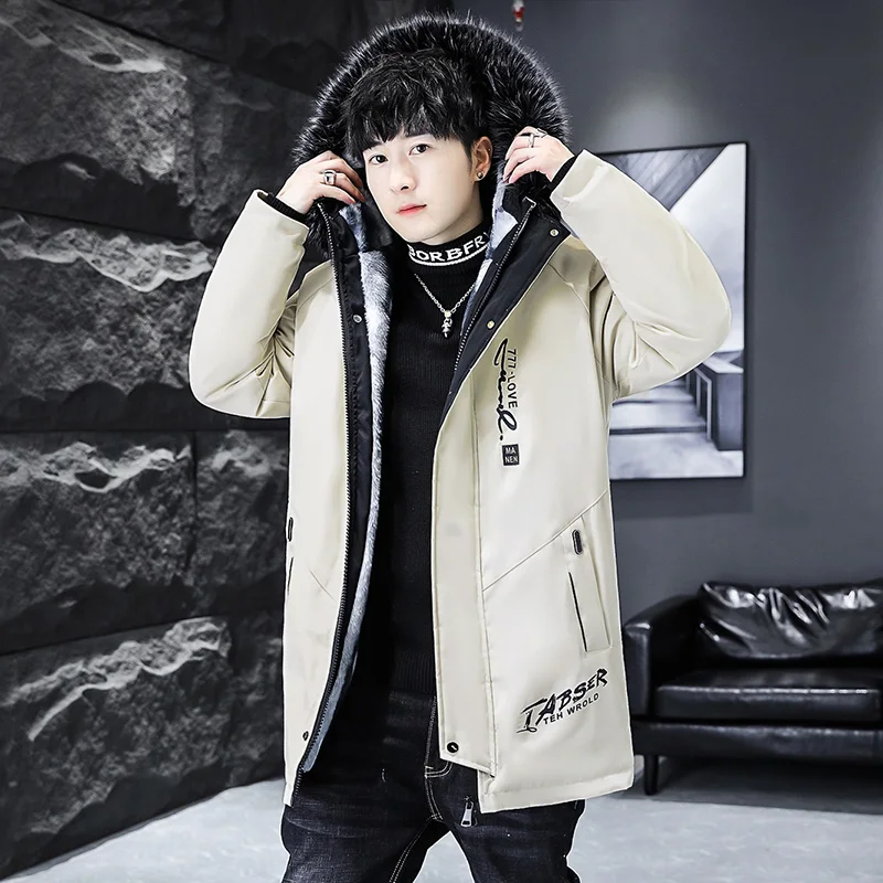 Fashion Men's Mid-Length Fleece Hooded Jacket 2025 Autumn Winter Casual Warm Plush Coats Outwear Thick Padded Windbreak Clothing