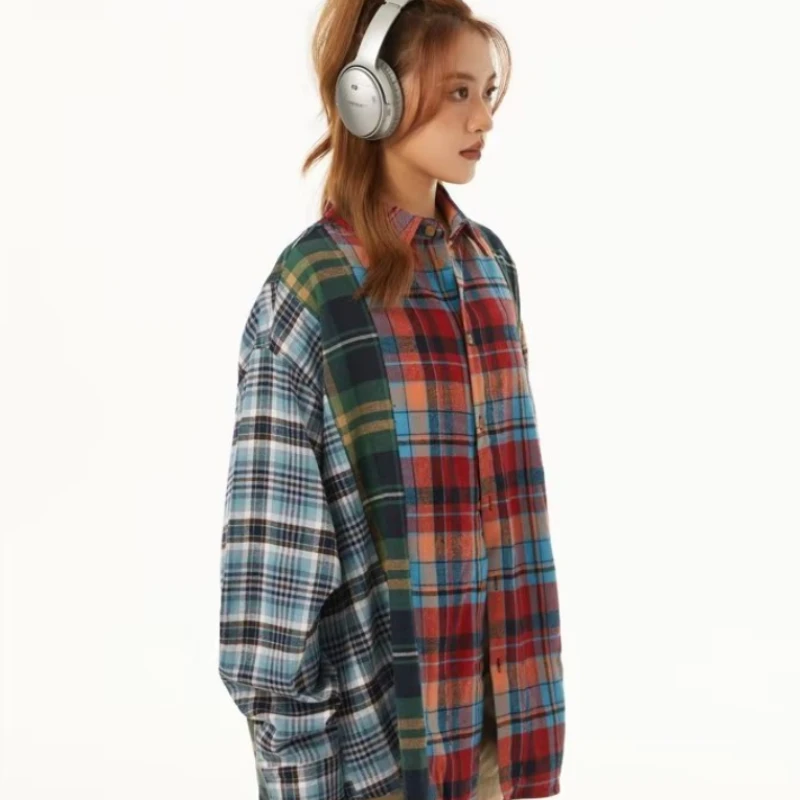 Plaid Shirts Women European Style Vintage Nostalgic Contrast Color Turn-down Collar All-match Prevalent Ladies Clothing Summer