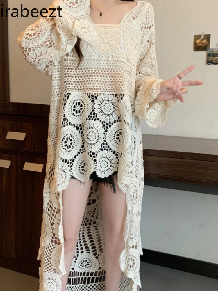 

Plus Size Women's Clothing 2025 Summer Bohemian Hook Flower Hollow Front Short Back Long Knitted Cardigan Dress Korean Version