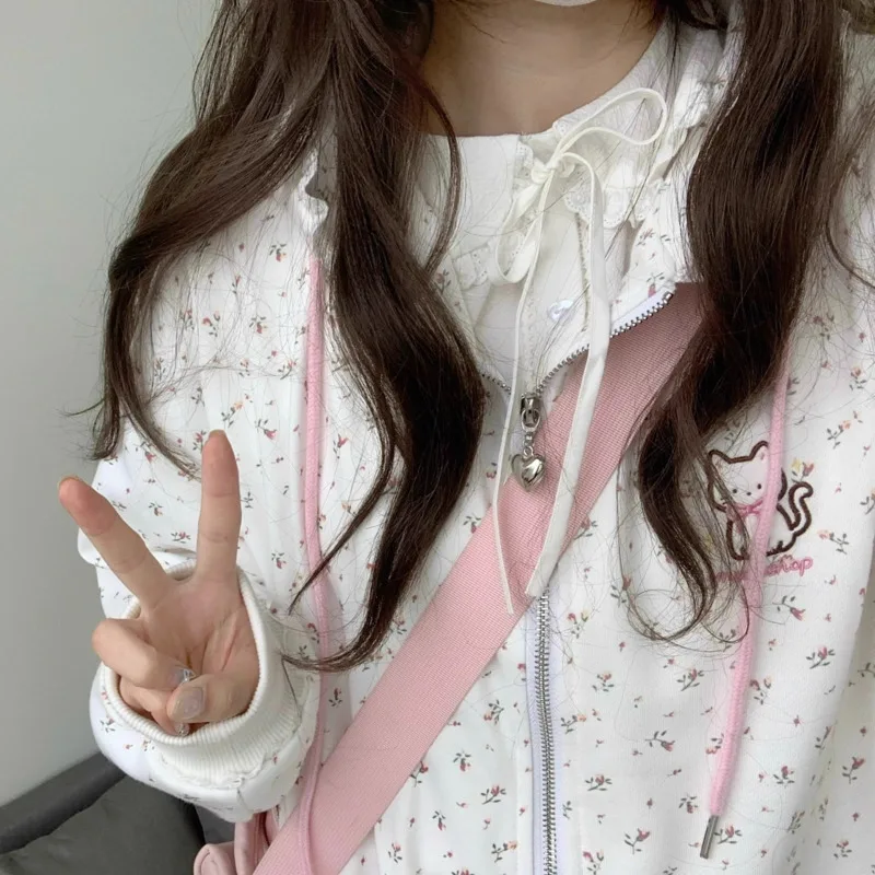 Kawaii Lace Edge Zip Up Hoodies Women Sweet Floral Print Hooded Sweatshirts Harajuku Cat Embroidery Cardigan Streetwear