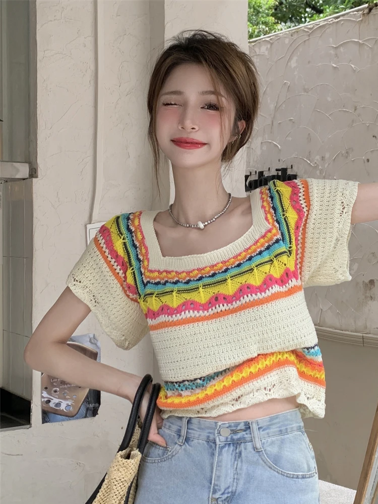 Knitted Rainbow Striped T-shirts for Women 2023 Summer Harajuku Colorful Top Mujer Korean Style Girlish College New Arrival