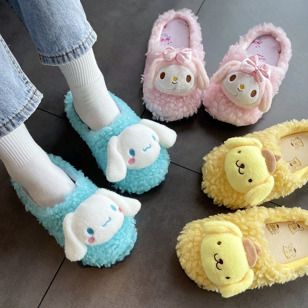 

Lovely Lolita Warm Slippers Cute Indoor Shoes Kuromi My Melody Cinnamoroll Long Plush Shoes Flat Non-slip Winter for Girl Lady