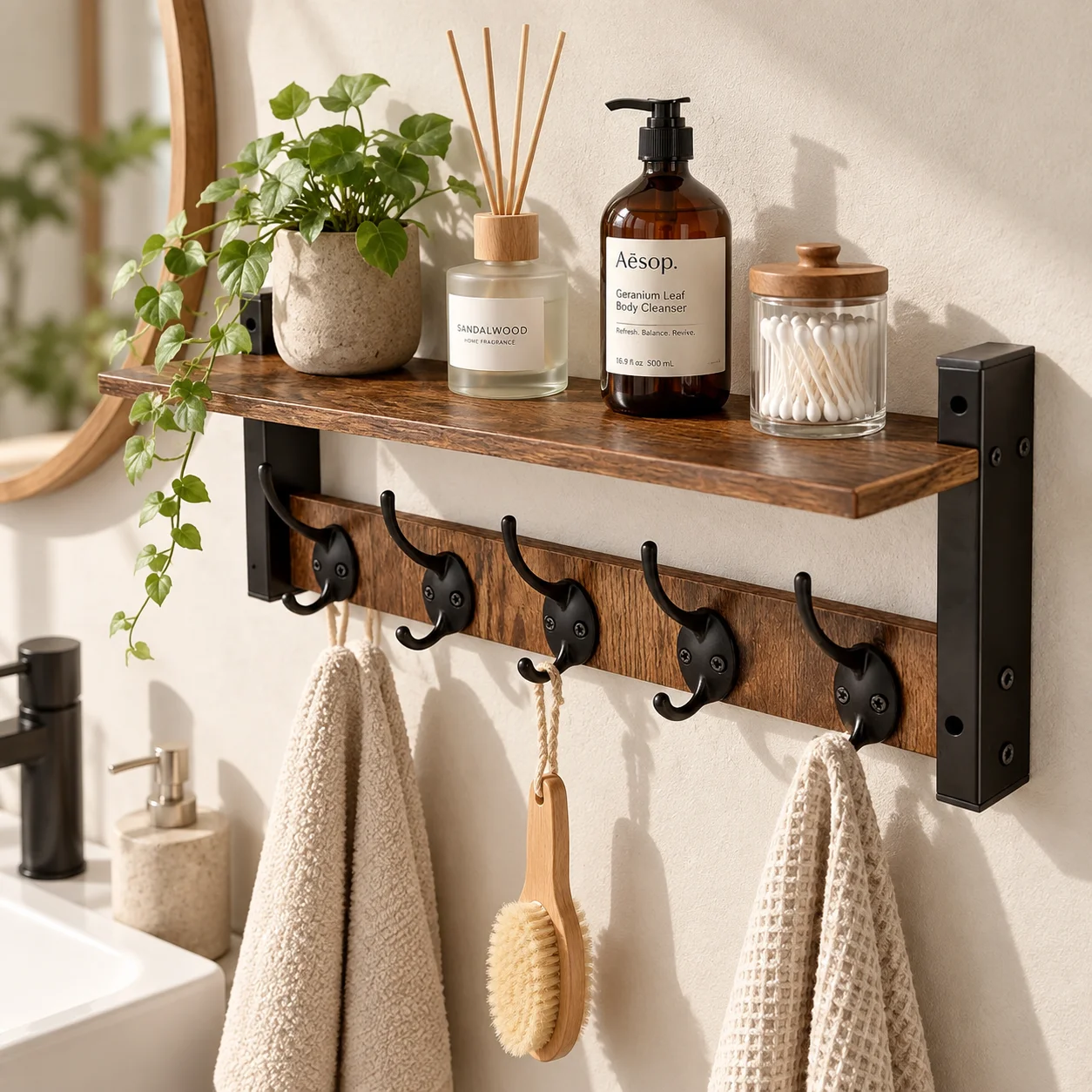 Wall Shelf with Hanging Hooks, Wooden Coat Rack, Kitchen Storage Rack, Floating Shelf, Non-Slip Hooks, Suitable for Kitchen and Entryway, Handbag and Key Hooks