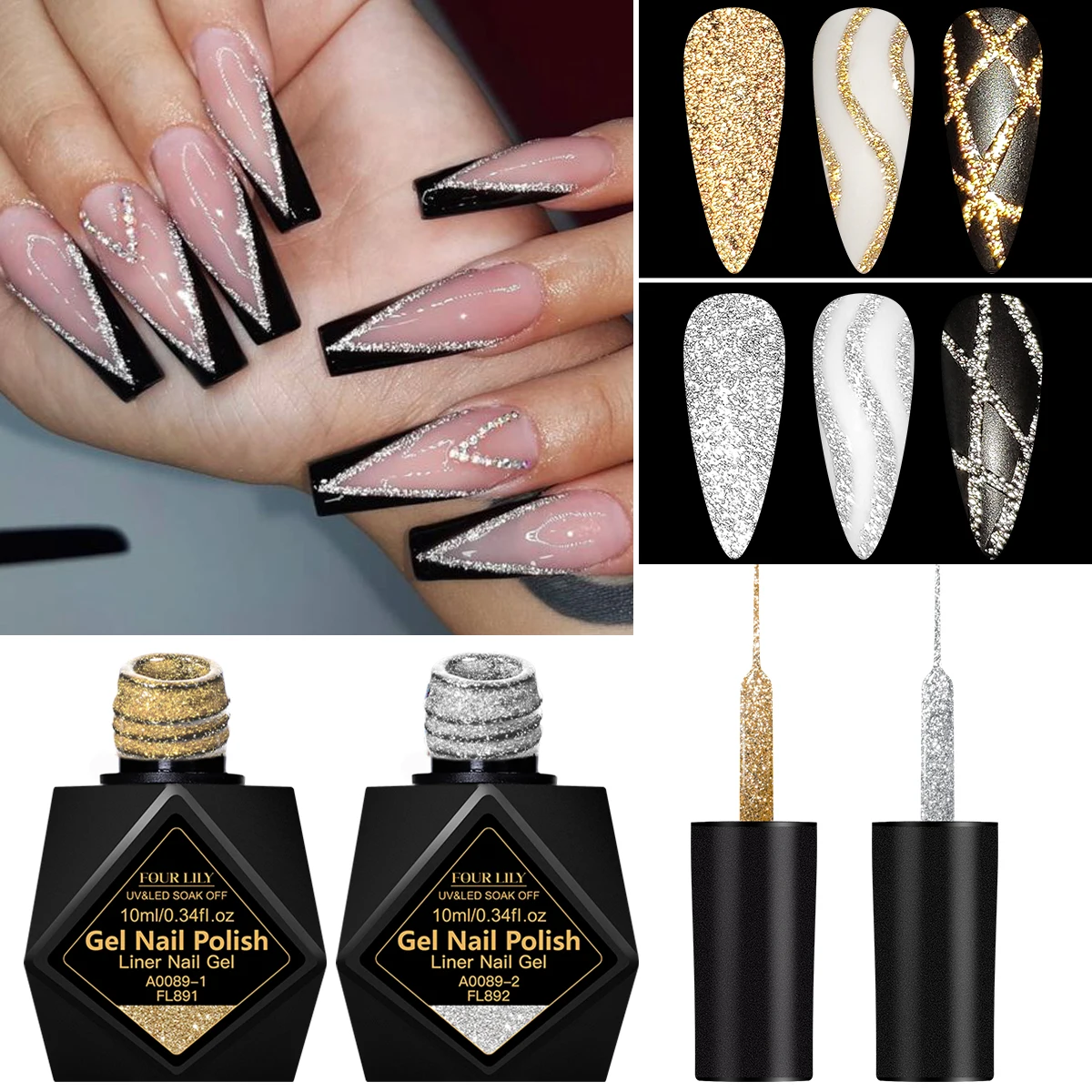 10ml Gold Silver Reflective Glitter Liner Gel Nail Polish Pull Line Gel Graffiti Painting Stripe French Nails DIY Nail Supplies