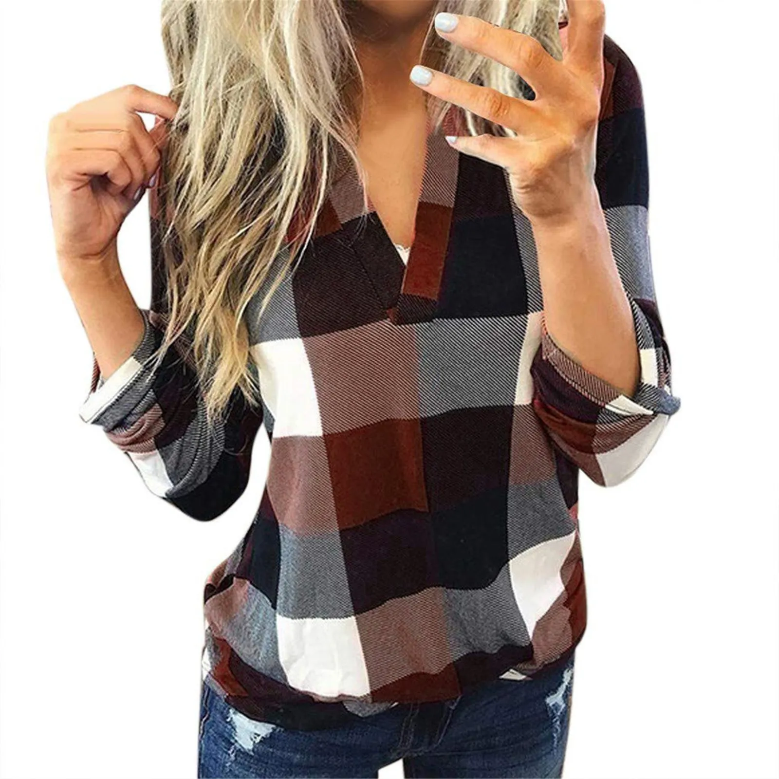 Women\'s Plaid Top Blouse Long Sleeve Cotton Checked Print V Neck Shirt Female Ladies Streetwear Comfty Tops Blusas Tunics 2022