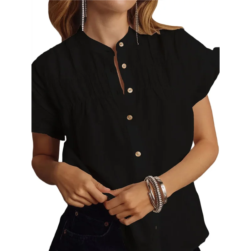 

ASDS-Womens 2025 Button Down Shirts Ruffle Short Sleeve Loose Summer Tops Dressy Casual V Neck Blouses