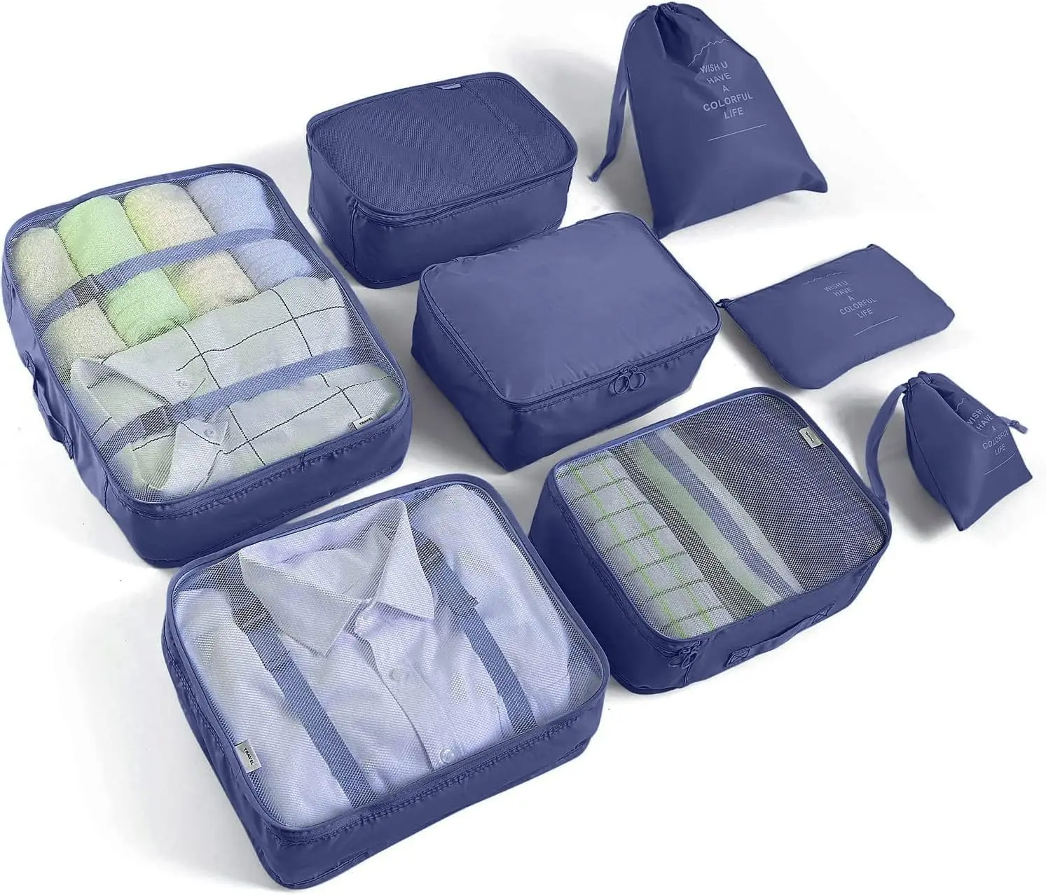 8-Piece Travel Packing Cube Set with Shoe & Toiletry Bags - Dark Blue Organizer