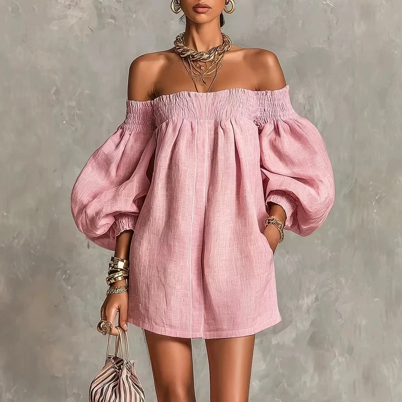 Elegant Off Shoulder Mini Dress Women Full Lantern Sleeve A-line Casual Loose Date Night Evening Short Dresses Vestidos