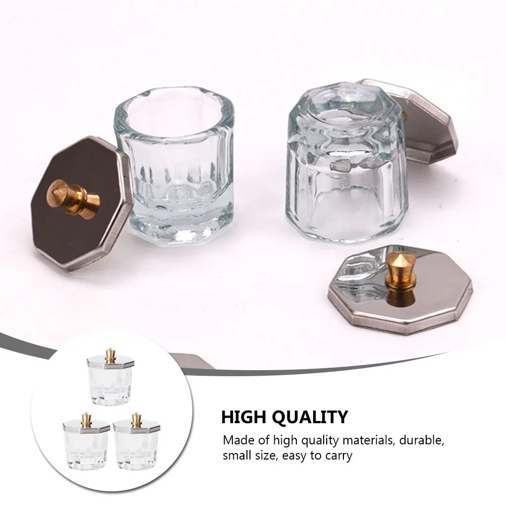 3Pcs Octagon Nail Art Cup Crystal Glass Jar Lid Easy Clean Spill Proof Container Refillable Nail Acrylic Liquid Powder Manicure