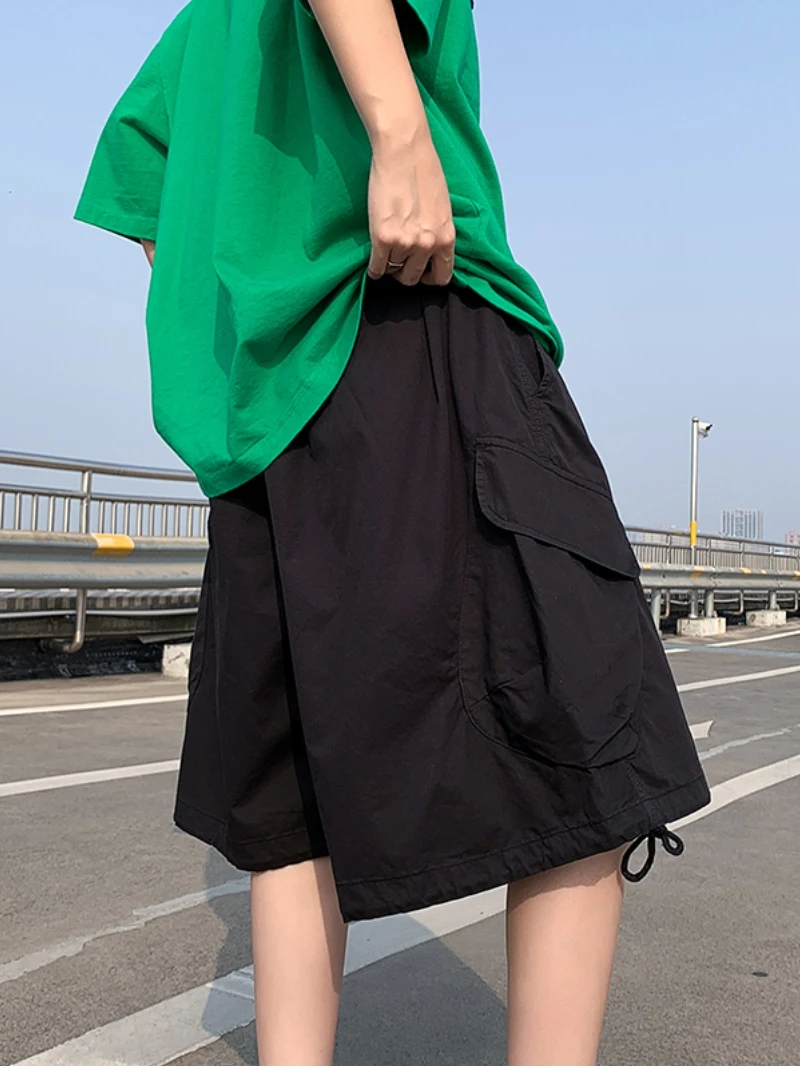 Japanese Street Sle BF Loose Casual orts Men Summer Workwear Five-Quarter Pure Cotton Wide Leg mid Waist Pants